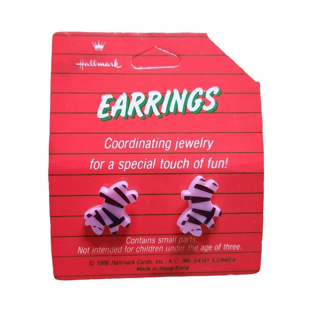 Hallmark Pink and Black Zebra Teddy Bear Stud Earrings